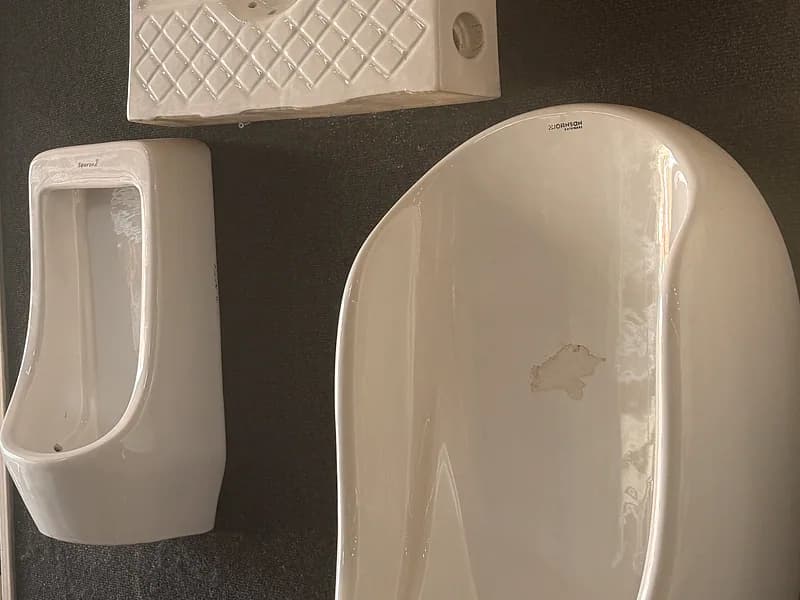 Wall-mounted urinals and a squatting pan displayed on the showroom wall